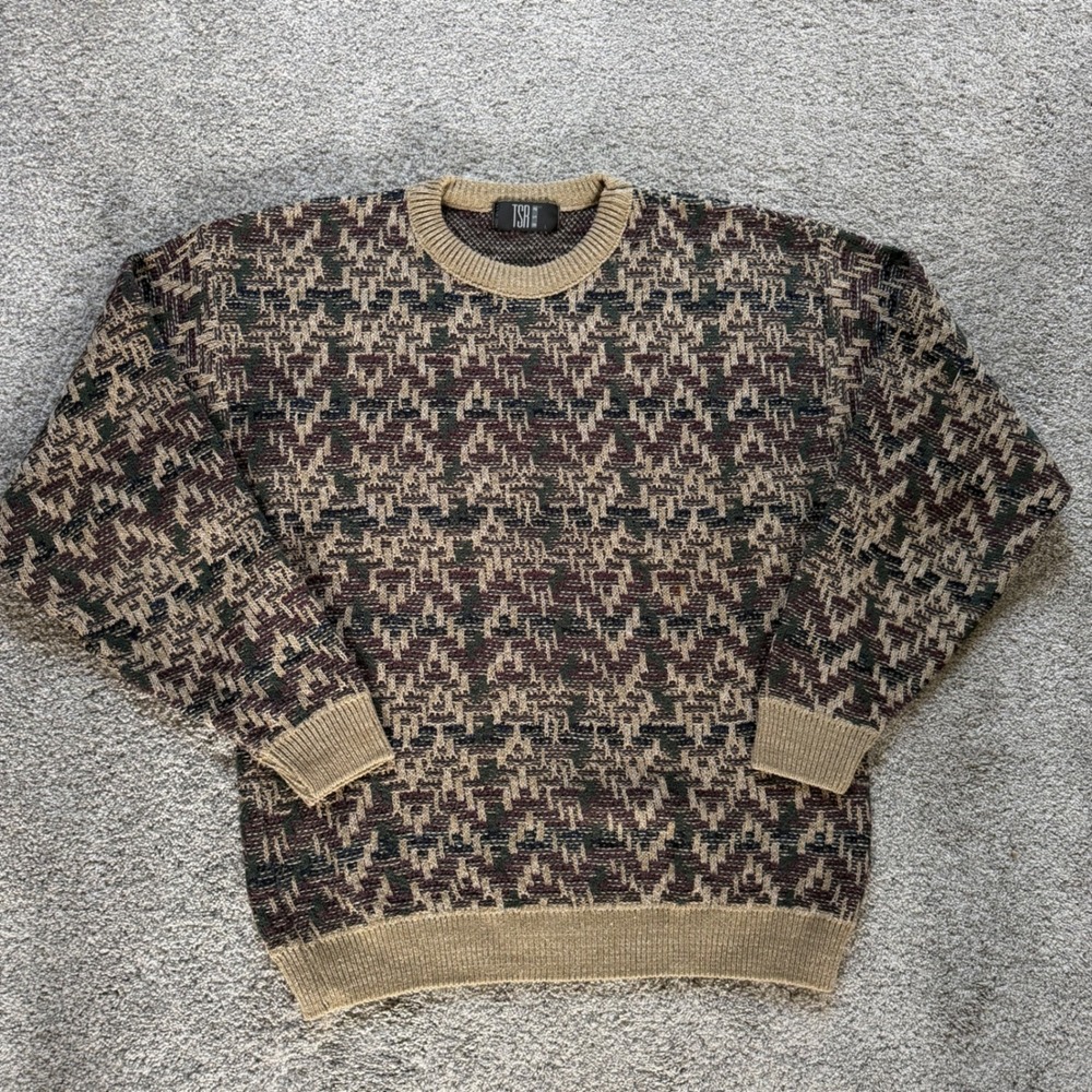 Vintage TSR USA Geometric Knit Sweater Mens Large Tan Burgundy Green Crewneck
